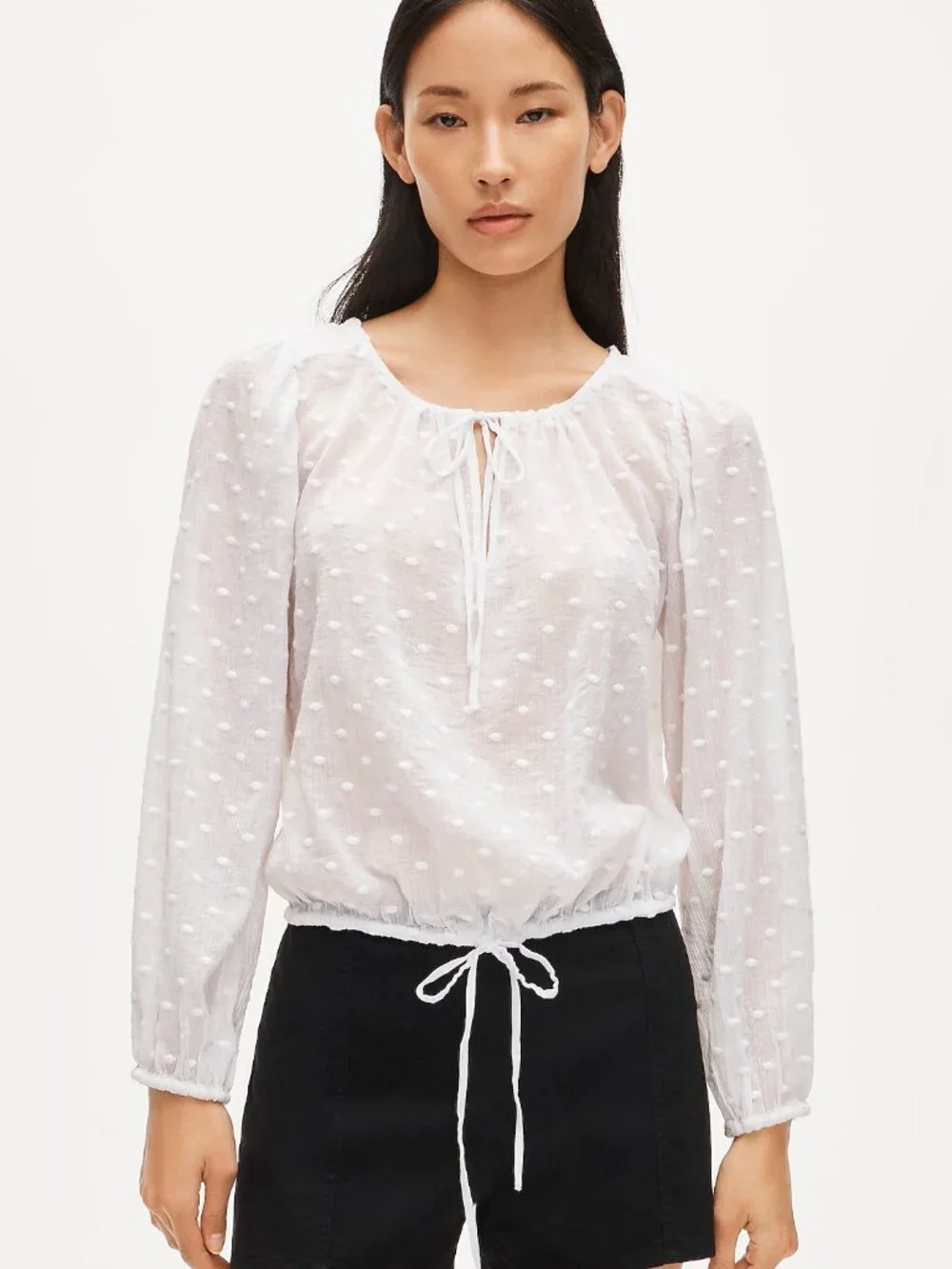 J.Crew Drawstring Waist Top Featherweight Voile Swiss Dot Blouse NWT Size M